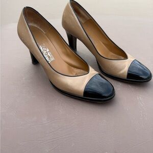 Salvatore Ferragamo Two-Tone Cap-Toe Pumps | Beige & Black | Made in Italy